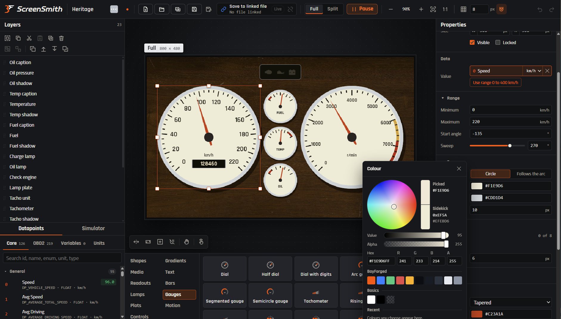 ScreenSmith editing Heritage, a dashboard of cream analogue gauges on wood grain, with the speedometer selected and its settings open